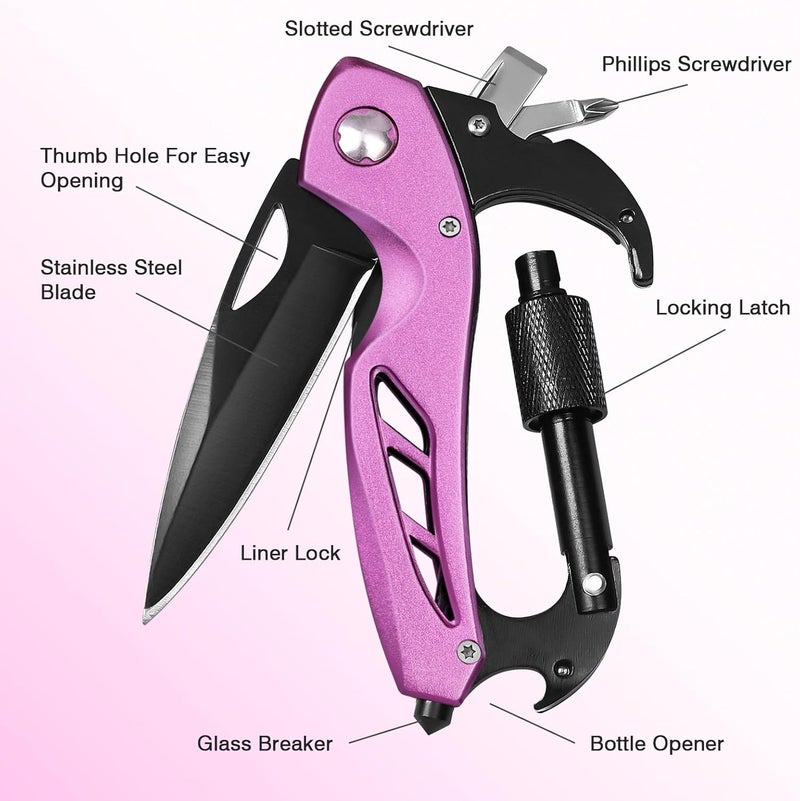 FUNBRO Pink Multitool Carabiner, Stocking Stuffers Gifts for Mom Women Wife, 6-in-1 Keychain Multi Tools with Window Breaker, Bottle Opener and Screwdriver, EDC Gear Gadget for Camping Hiking - Image 4